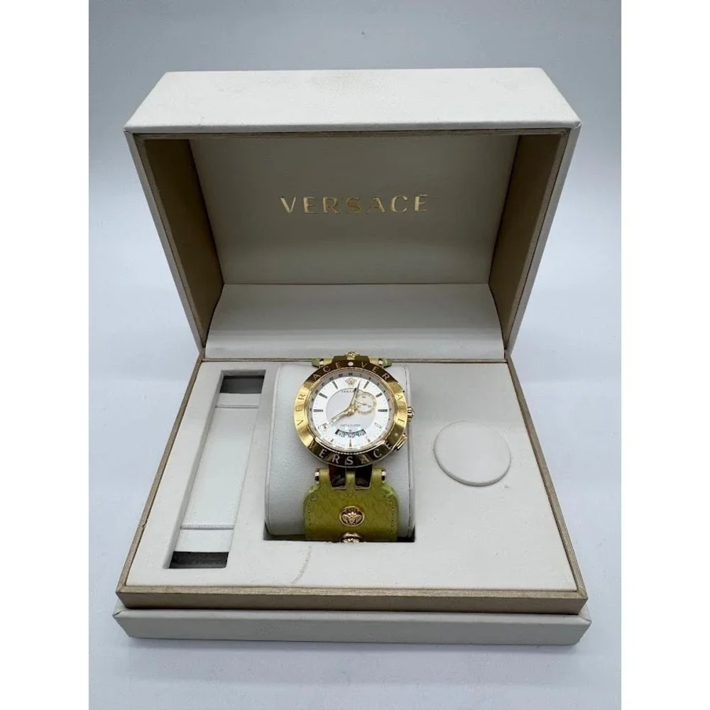 Versace GMT & Alarm Gold Tone Watch Lime Green Leather Strap Medusa Swiss Made